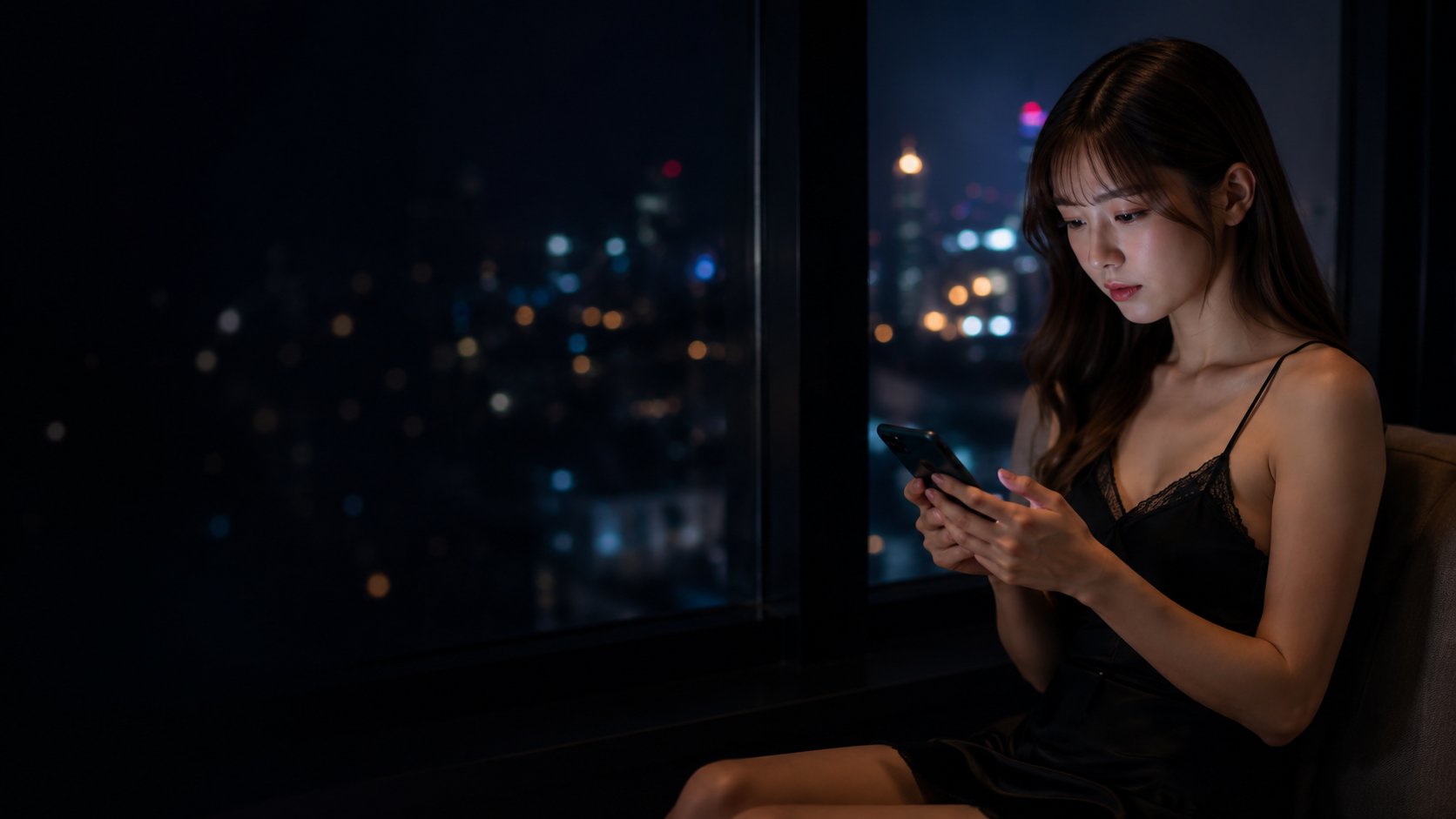 夜景を背景にスマートフォンを見る女性のイメージ